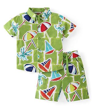 Babyhug Cotton Knit Half Sleeves Shirt & Shorts Co-Ord Set With Beach Theme Print - Green