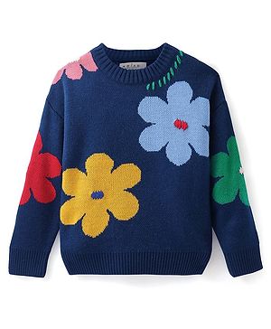 Arias Knitted Full Sleeves Pullover Sweater with Floral Design - Navy Blue