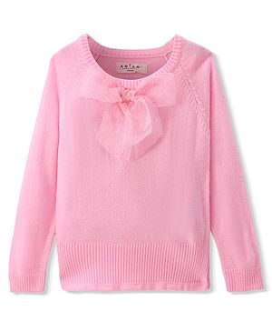 Arias Knitted Full Raglan Sleeves Pullover Sweater with Bow Applique - Pink