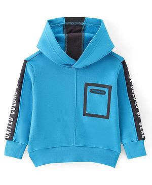 UCB Full Sleeves Hooded Sweatshirt with Seam Seal Pocket & Text Print - Blue