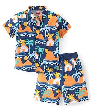 Babyhug Cotton Knit Half Sleeves Shirt & Shorts Set With Beach Print - Blue