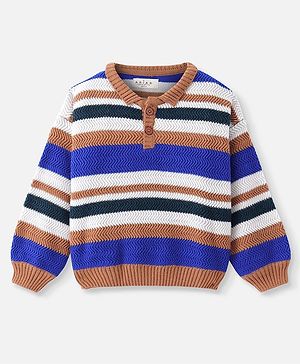 Arias Knitted Full Sleeves Collar Neck Pullover Sweater With Stripes Design - Multicolour