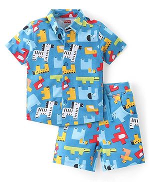Babyhug Cotton Knit Half Sleeves Shirt & Shorts Set With Animals Print - Blue