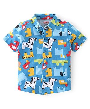 Babyhug Cotton Knit Half Sleeves Shirt & Shorts Set With Animals Print - Blue