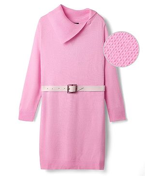 Pine Kids Knitted Full Sleeves Solid Color Woollen Dress with Belt - Light Pink