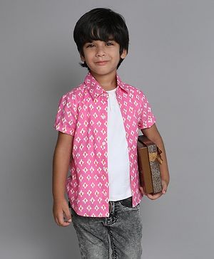 Taffykids Cotton Half Sleeves Ikkat Printed Shirt With Attached Tee - Pink & White