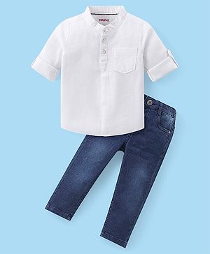 Babyhug Cotton Woven Full Sleeves Mandarin Collar Solid Colour Shirt & Denim Jeans Set - White & Blue
