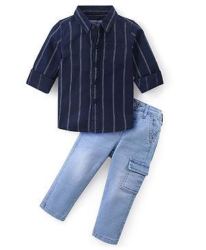 Babyhug Cotton Woven Full Sleeves Striped Regular Collar Shirt & Denim Jeans Set - Blue