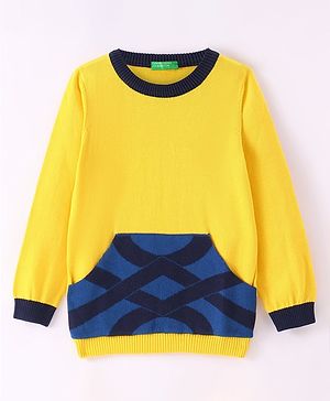 UCB Knitted Full Sleeves Pullover Printed Sweater with Pocket - Yellow