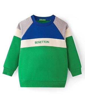 UCB Cotton Blend Knit Full Sleeves Colour Block Text Printed Sweatshirt - Green