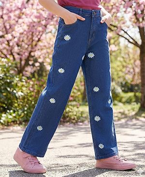 Pine Kids Denim Woven Full Length Jeans with Floral Print - Blue