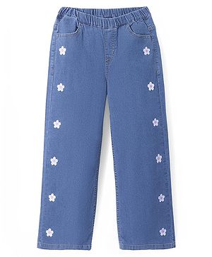 Pine Kids Denim Woven Full Length Jeans with Floral Embroidery - Blue
