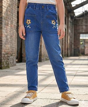 Pine Kids Ankle Length Denim Washed Jeans with Floral Applique - Blue