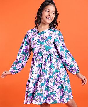 Pine Kids Cotton Knit Full Sleeves Frock with Floral Print - White & Purple
