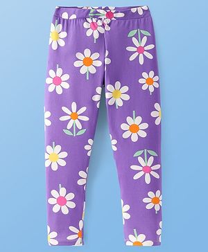 Pine Kids Knit Cotton Lycra Ankle Length Stretchable Leggings with Floral Print - Paisley Purple