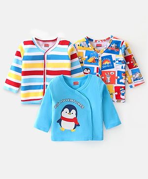 Babyhug Cambric Woven Full Sleeves Front Open Vests With Stripes & Penguin Print Pack of 3 - Multicolour