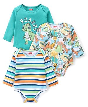 Babyhug 100% Cotton Knit Full Sleeves Onesies Dino Print Pack of 3 - Multicolour