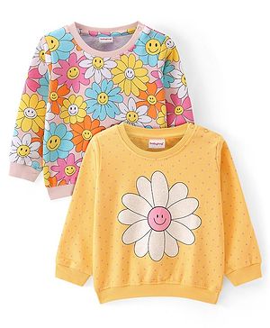 Babyhug Cotton Knit Full Sleeves Sweatshirts With Polka Dots & Floral Print Pack of 2 - Yellow & Pink