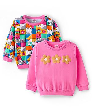 Babyhug Cotton Knit Full Sleeves Sweatshirts with Kitty & Floral Print Pack of 2 - Pink