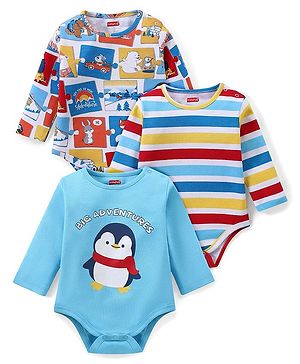 Babyhug 100% Cotton Knit Full Sleeves Onesies Penguin Print Pack of 3 - Multicolour