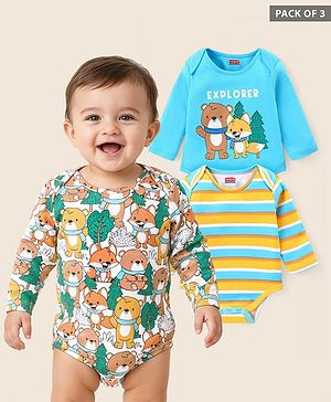 Babyhug 100% Cotton Knit Full Sleeves Onesies with Striped & Animal Print Pack of 3 - Blue White  & Green
