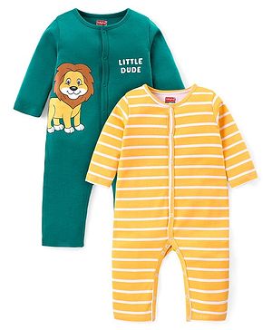 Babyhug 100% Cotton Knit Full Sleeves Front Open Striped & Lion Printed  Rompers Pack of 2  - Green & Yellow