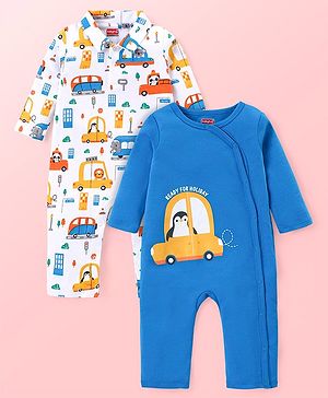 Babyhug 100% Cotton Knit Full Sleeves Rompers with Car Print Pack of 2 - Blue & White