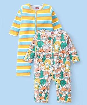 Babyhug 100% Cotton Knit Full Sleeves Front Open Striped &  Animal Print Rompers  Pack of 2 - Multicolour