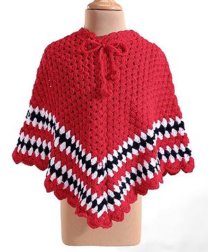 Babyhug Woollen Half Sleeves Hand Knitted Poncho with Striped  Design - Red