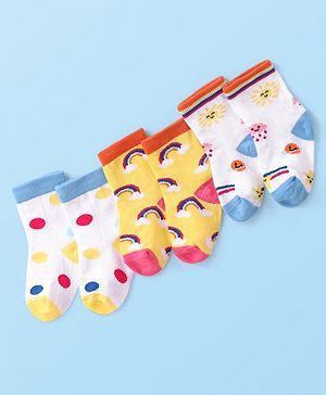 Cutewalk By Babyhug Anti Bacterial Ankle Length Rainbow Design Socks Pack of 3 - Yellow & White
