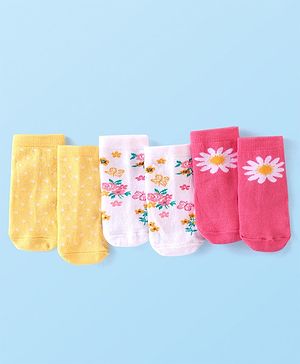 Cutewalk By Babyhug Anti Bacterial Ankle Length Floral & Polka Dots Design Socks Pack of 3 - Yellow Pink & White