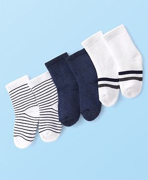Cute Walk By Babyhug Anti Bacterial Ankle Length Terry Striped Socks Pack of 3- Navy & White