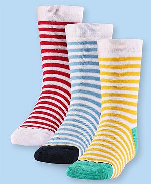 Cute Walk by Babyhug Terry Knit Anti-Bacterial Ankle Length Striped Socks Pack of 3 - Red Blue & Yellow