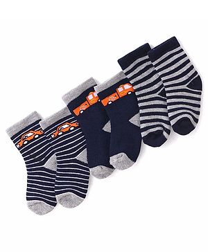 Cutewalk By Babyhug Anti Bacterial Ankle Length Striped & Car Design Socks Pack of 3 - Blue