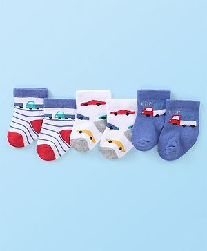 Cute Walk by Babyhug Anti-Bacterial Ankle Length Striped & Car Designed Sock Pack of 3 - White & Blue