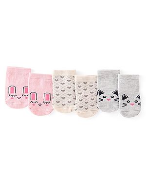 Cute Walk by Babyhug Anti-Bacterial Ankle Length Heart Design Sock Pack of 3 - Grey & Pink
