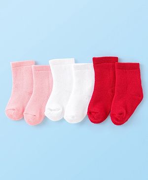 Cute Walk by Babyhug Terry Knit  Anti-Bacterial Ankle Length Solid Color Socks  Pack of 3 - Red Pink & White