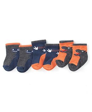 Cute Walk by Babyhug Anti-Bacterial Ankle Length Dino Design Sock Pack of 3 - Grey Blue & Orange