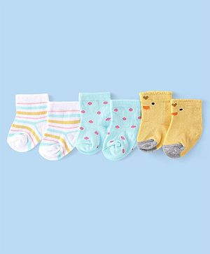 Cute Walk by Babyhug Anti-Bacterial Ankle Length Striped & Polka Dots Design Socks Pack of 3 - Yellow Blue & White
