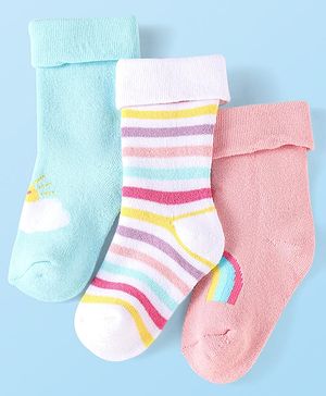 Cute Walk By Babyhug Knit Anti-Bacterial Ankle Length Socks With Rainbow & Stripe Design Pack Of 3 - Pink White Light Blue
