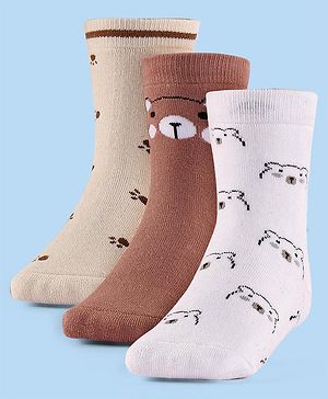 Cute Walk by Babyhug Terry Knit Anti-Bacterial Ankle Length Teddy Bear Designed Socks Pack of 3 - Cream Brown & White