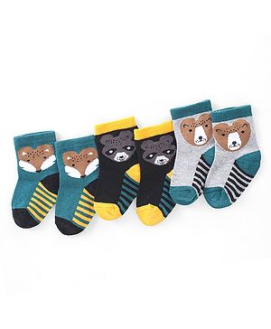 Cute Walk by Babyhug Anti-Bacterial Ankle Length Animal Design Socks Pack of 3 - Black Grey & Blue