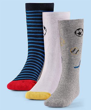 Cute Walk by Babyhug Terry Knit Anti-Bacterial Ankle Length Striped & Football Design Socks Pack of 3 - Blue White & Grey