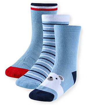Cute Walk by Babyhug Anti-Bacterial Ankle Length Terry Socks with Stripes & Bear Design Pack of 3 - Blue