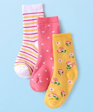 Cute Walk by Babyhug Cotton Lycra Knit Anti-bacterial Ankle Length Socks Polka Dots Strips & Floral Design Pack of 3 - Pink White & Yellow