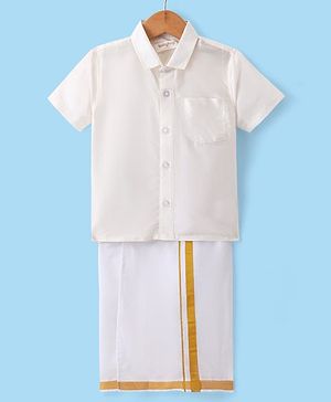 Babyhug Woven Half Sleeves Solid Shirt & Mundu Set - Beige