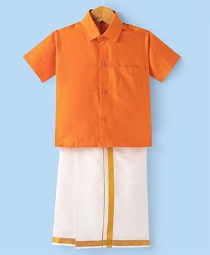 Babyhug Woven Half Sleeves Solid Shirt & Mundu Set - Orange
