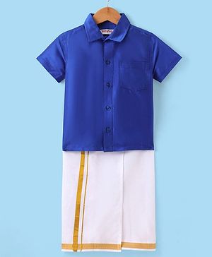 Babyhug Woven Half Sleeves Solid Shirt & Mundu Set - Blue