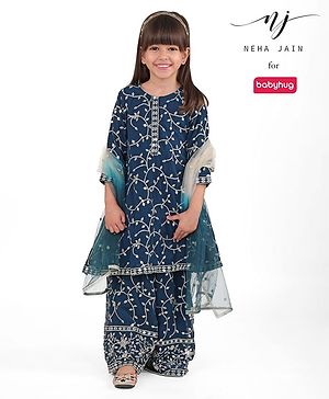 Babyhug Georgette Woven Three Fourth Sleeves   Embroidered Kurti Palazzo Co-Ord Set with Dupatta - Teal