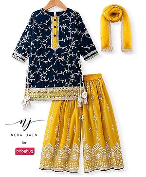Babyhug Georgette Woven Three Fourth Sleeves   Sequins Embroidered Kurti Sharara & Dupatta Set - Teal & Yellow